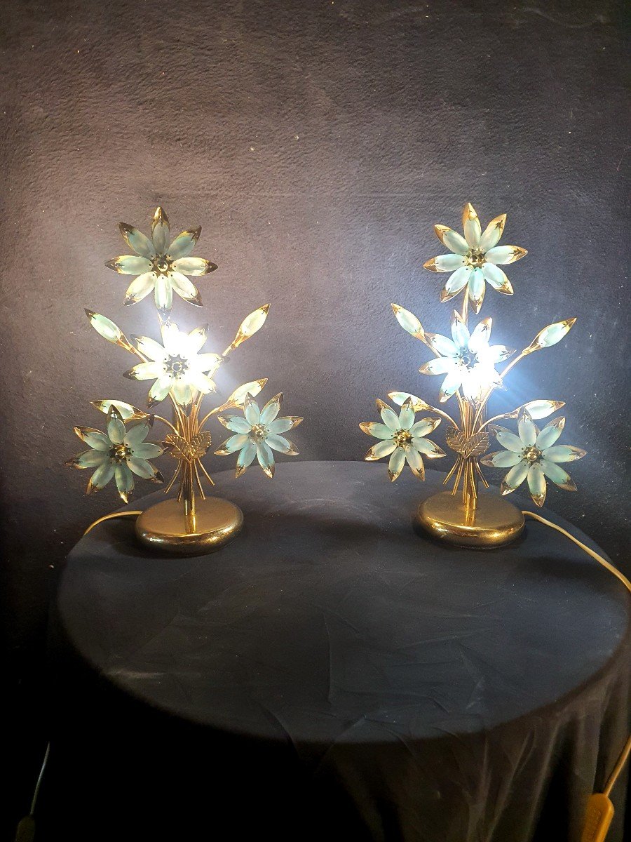 Paire De Lampes Vintage Fleurs Pâtes De Verre -photo-2