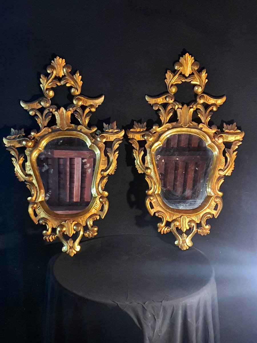 Paire De Miroirs Baroques Bois Doré Italie Provence. -photo-2