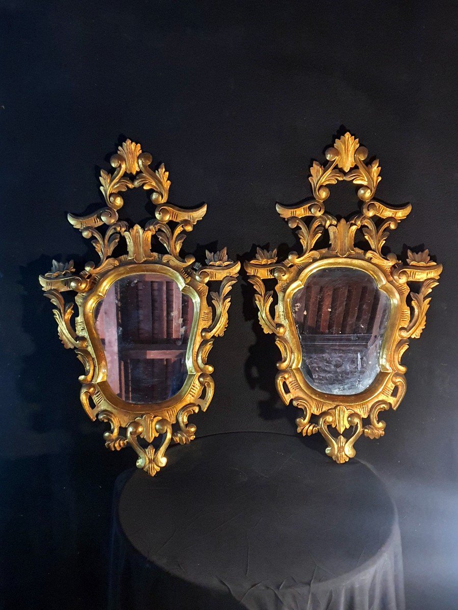 Paire De Miroirs Baroques Bois Doré Italie Provence. -photo-3