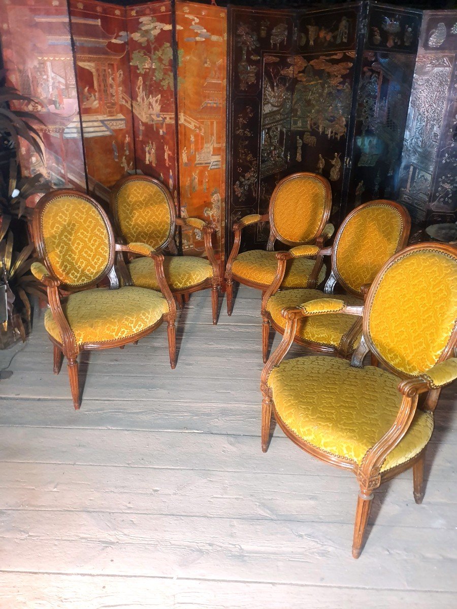 Série 5 Fauteuils XVIII Siècle Louis XVI, Noyer.-photo-5