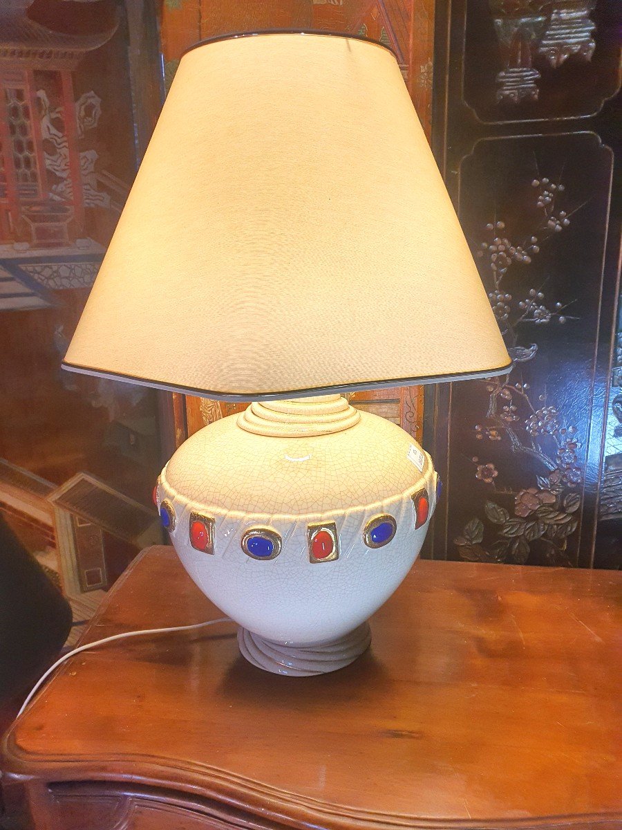 Lampe Art Déco Faïence De Longwy  Aux Cabochons.-photo-2