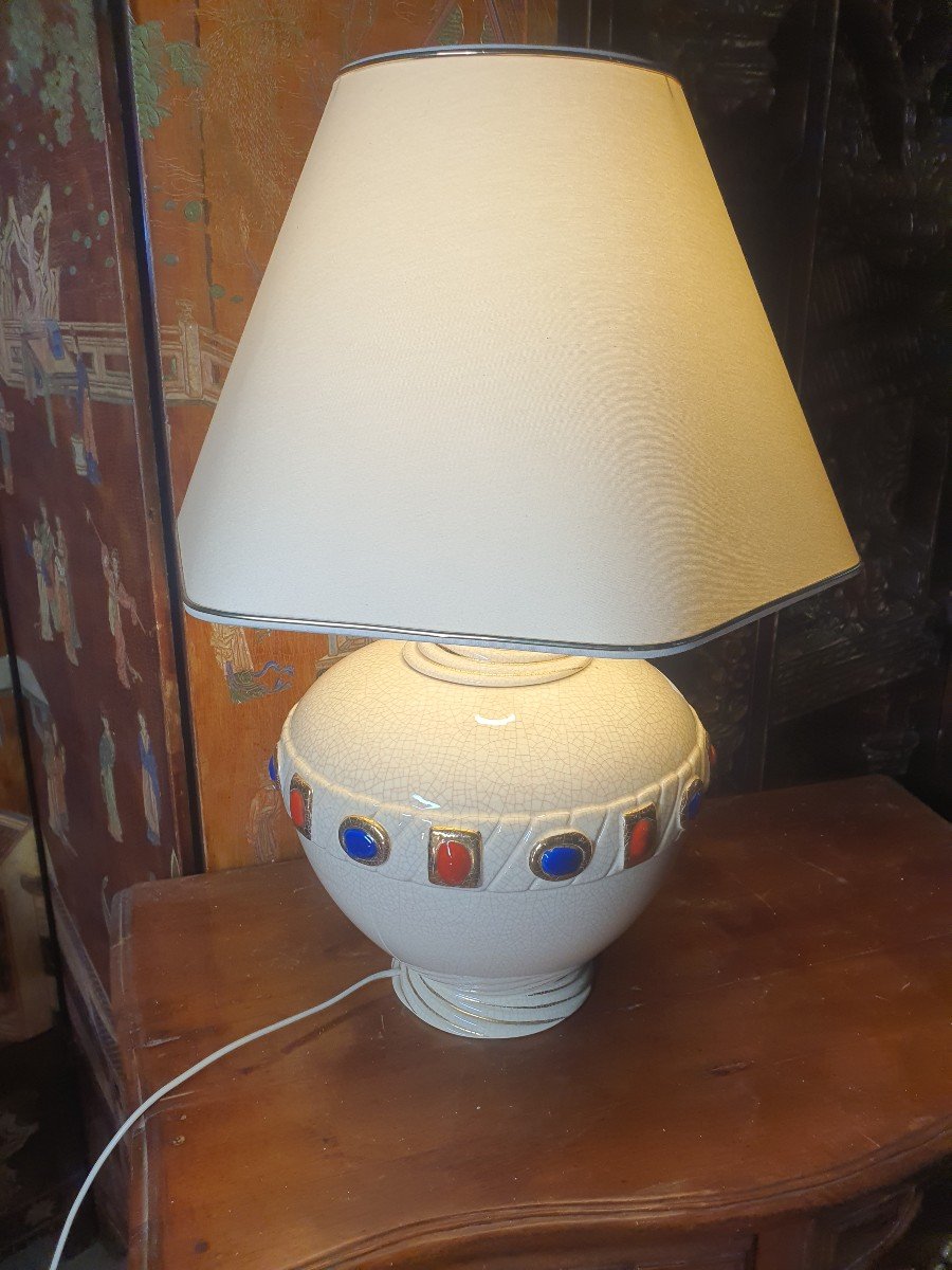 Lampe Art Déco Faïence De Longwy  Aux Cabochons.-photo-3