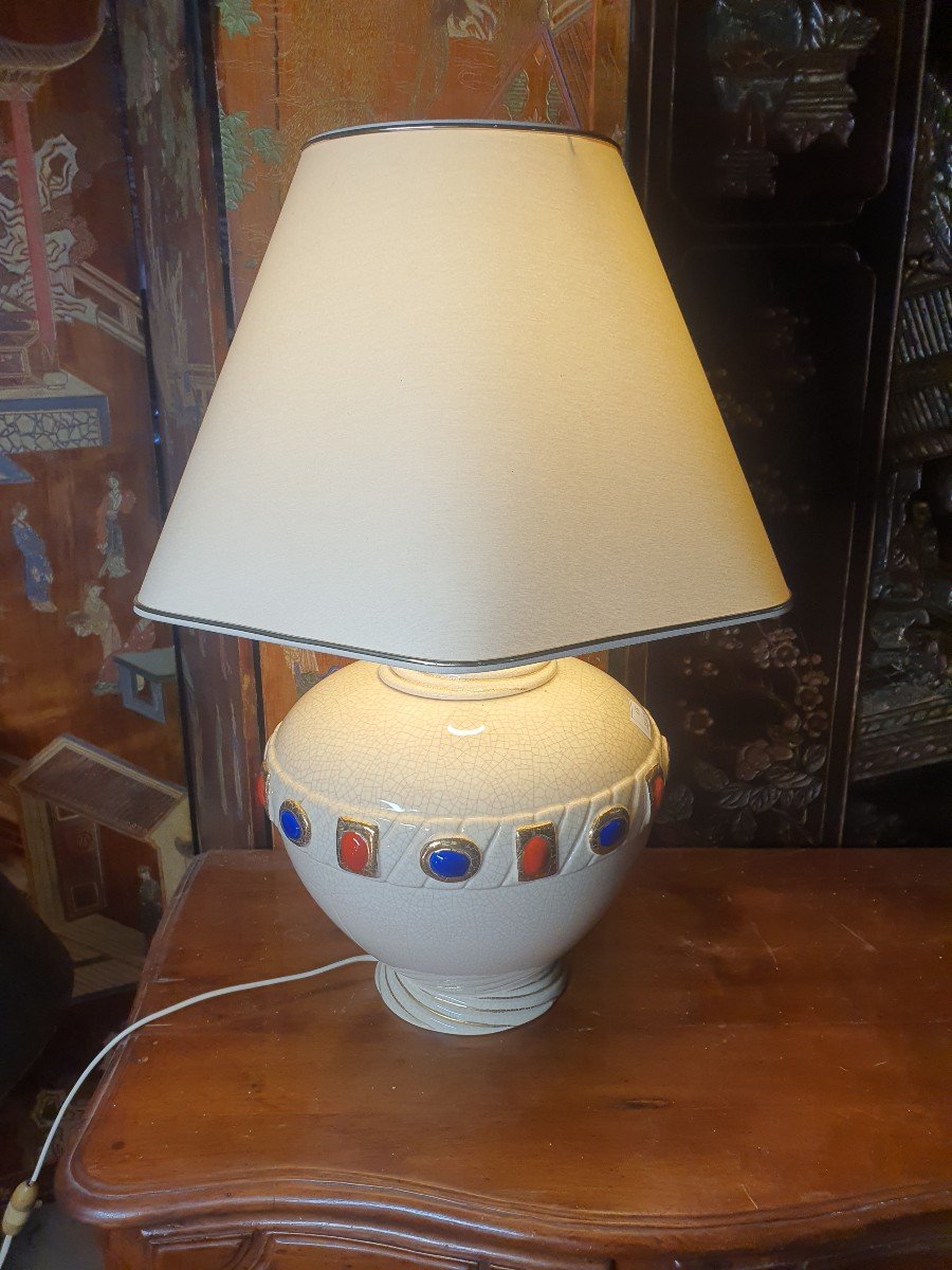 Lampe Art Déco Faïence De Longwy  Aux Cabochons.-photo-4
