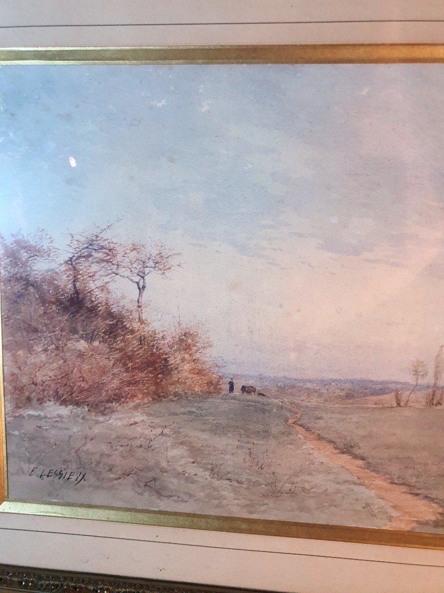 Paire De Tableaux Aquarelles Impressionnistes XIX  Ernest Lessieux. -photo-2
