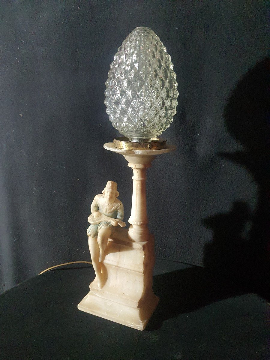 Italian Singer Art Deco Lamp, White Marble. -photo-2