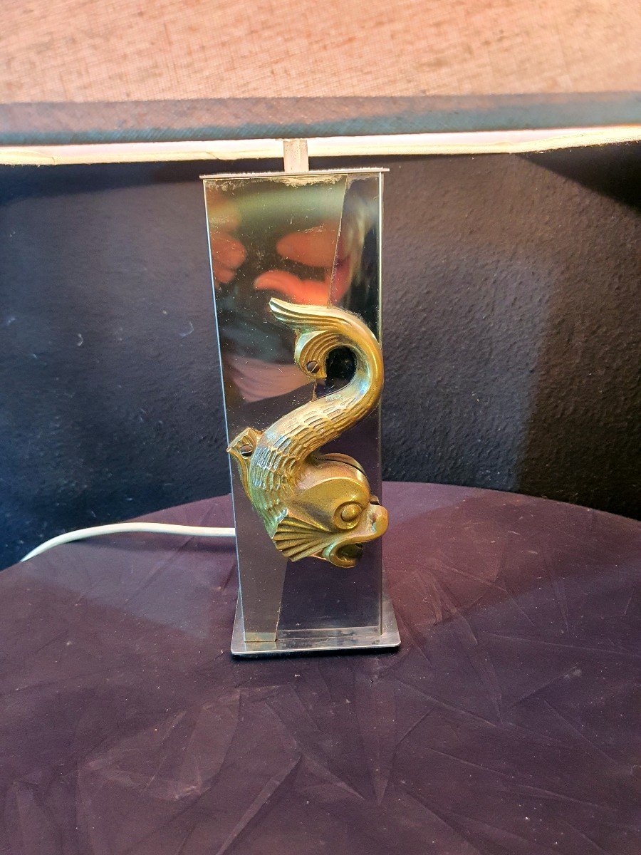 Lampe Vintage Au Dauphin Bronze Doré. -photo-3