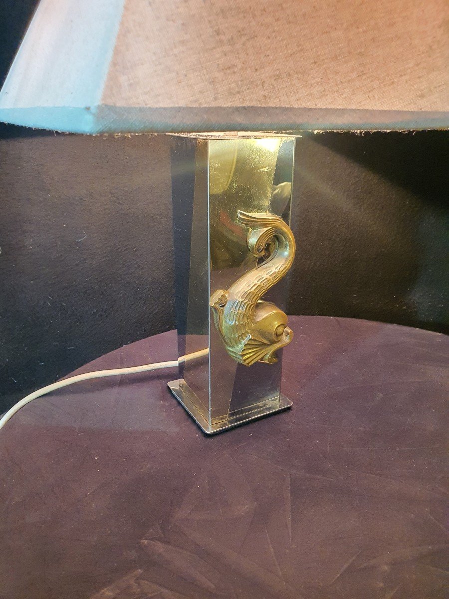 Lampe Vintage Au Dauphin Bronze Doré. -photo-4