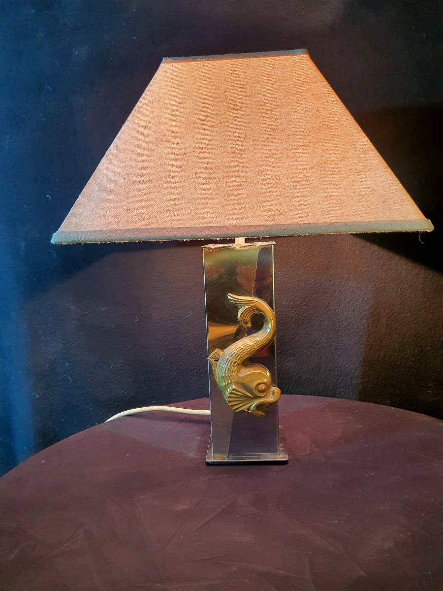 Lampe Vintage Au Dauphin Bronze Doré. 