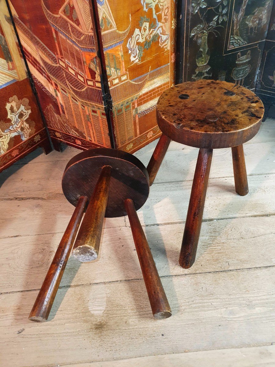 Pair Of Brutalist Walnut Stools In The Charlotte Perriand Style. -photo-3