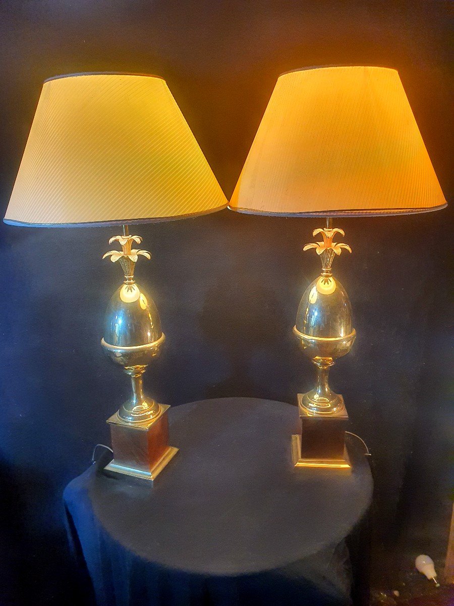 Pair Of Pineapple, Egg, Gilt Bronze Lamps, Maison Charles Style.-photo-2
