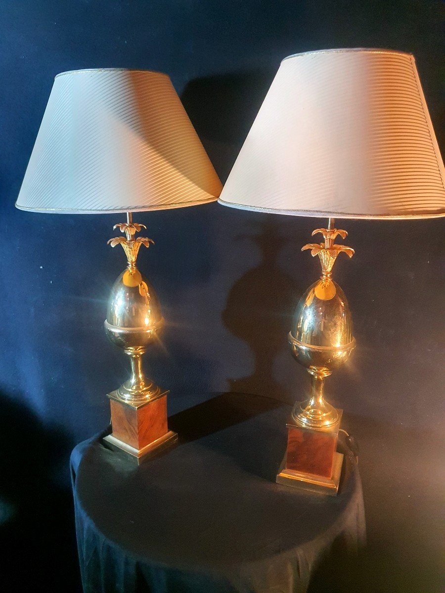 Pair Of Pineapple, Egg, Gilt Bronze Lamps, Maison Charles Style.-photo-3