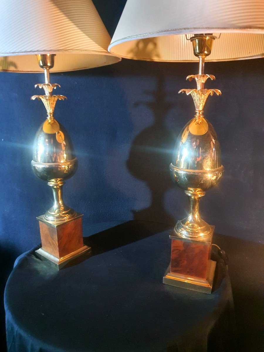 Pair Of Pineapple, Egg, Gilt Bronze Lamps, Maison Charles Style.-photo-2