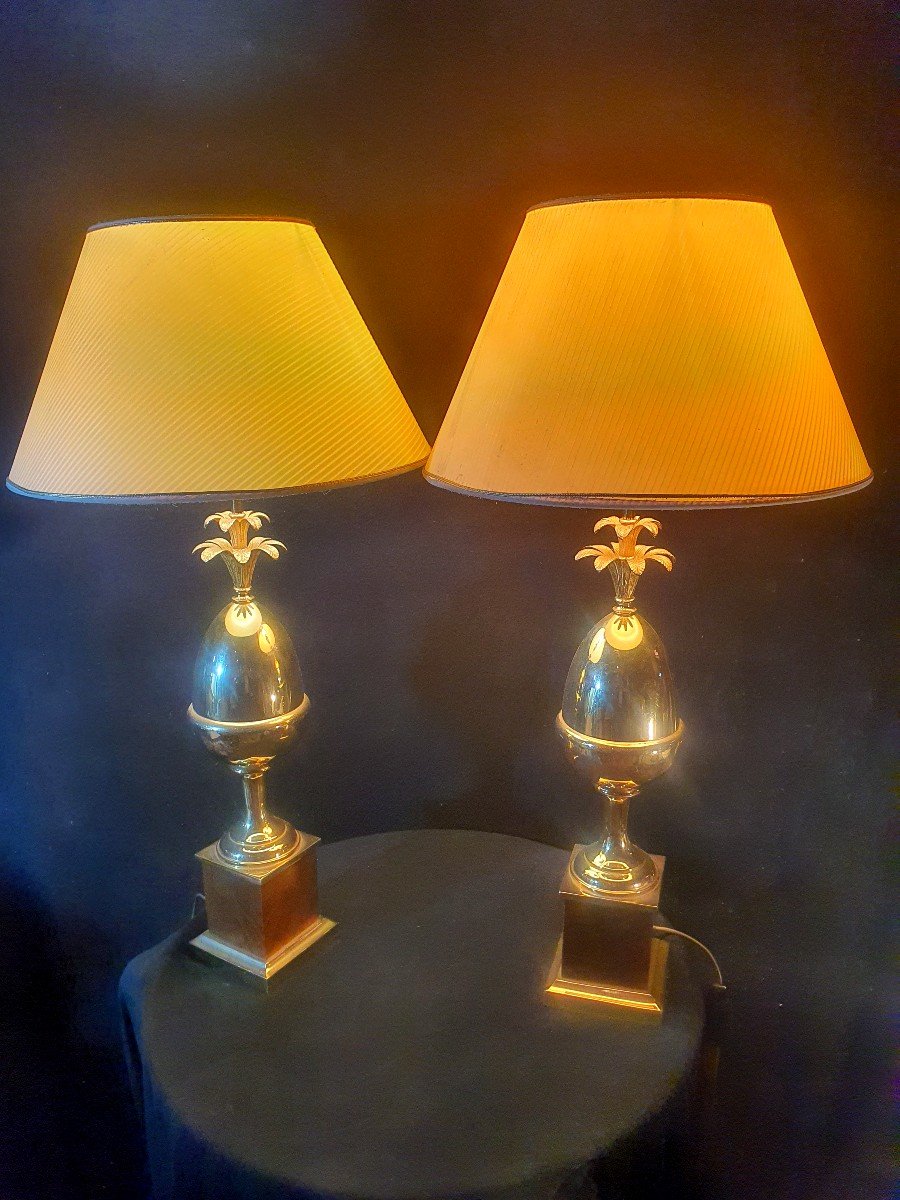 Pair Of Pineapple, Egg, Gilt Bronze Lamps, Maison Charles Style.