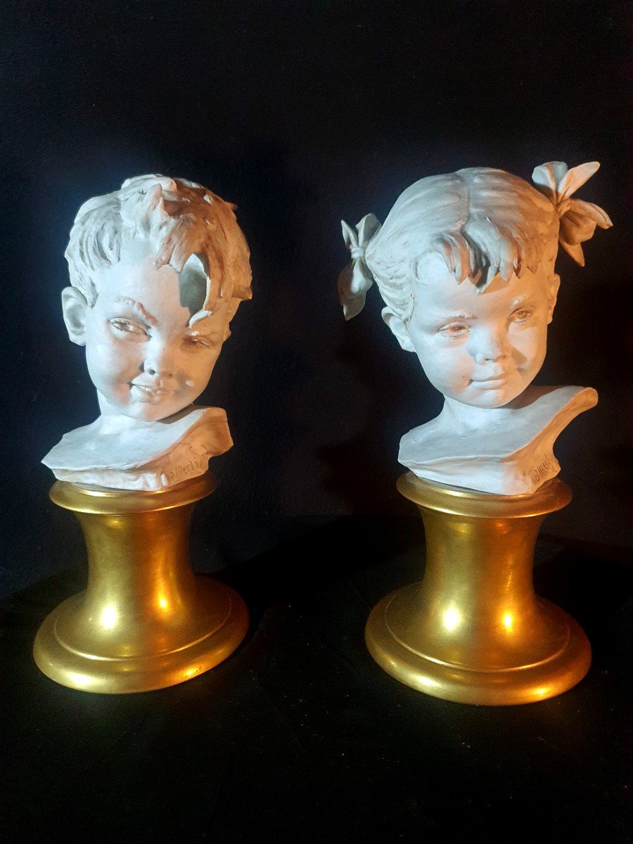 Pair Of Capodimonte Bruno Merli Biscuit Children's Busts.