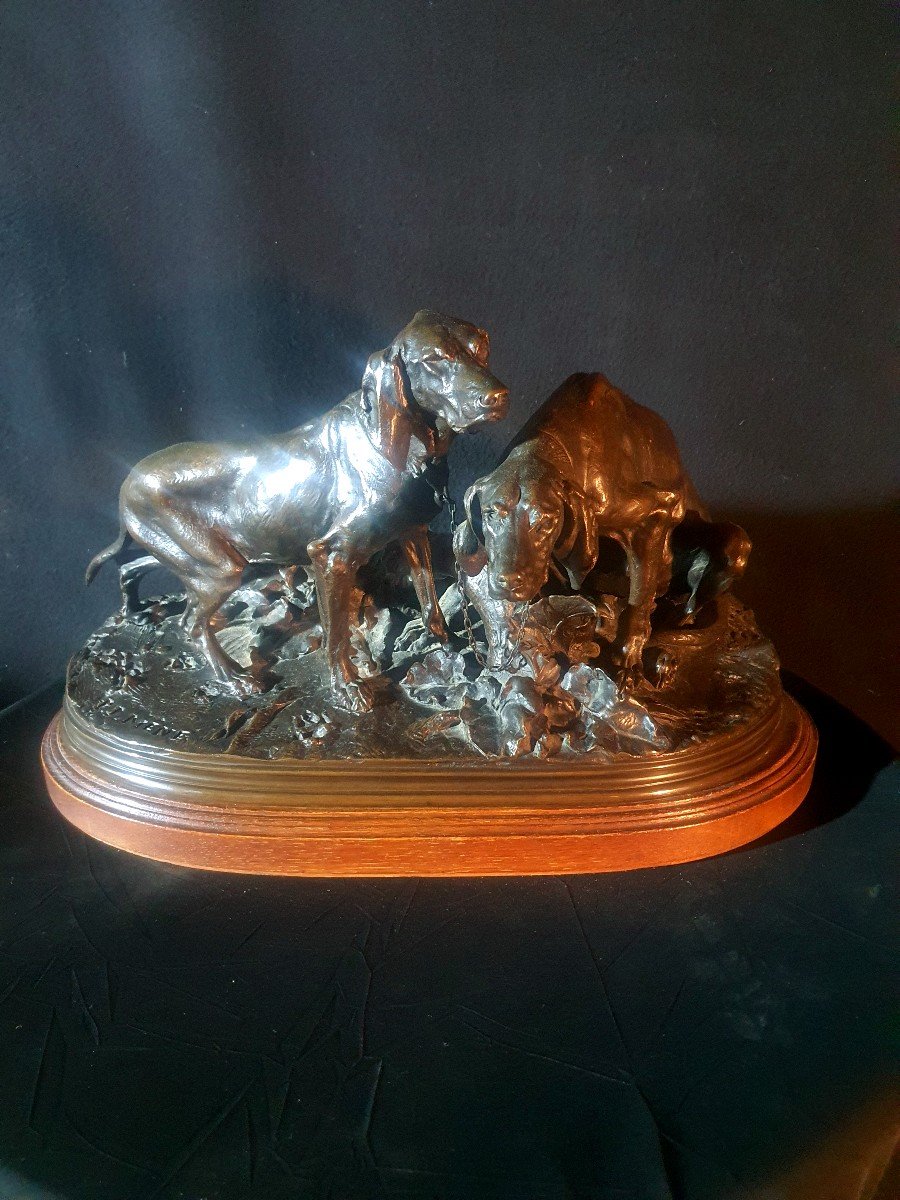 Sculpture Bronze Chiens De Chasse Pierre Jules Mêne.-photo-2
