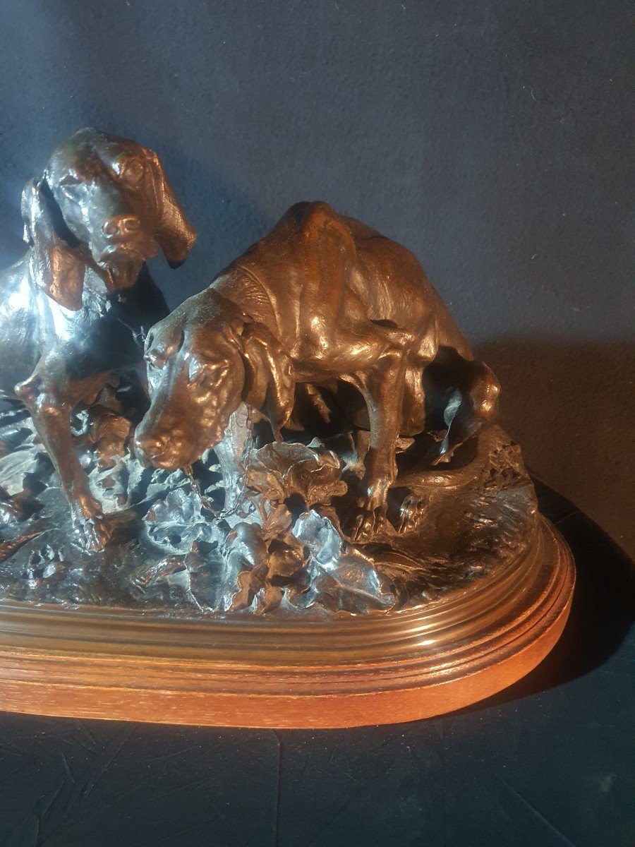 Sculpture Bronze Chiens De Chasse Pierre Jules Mêne.-photo-3