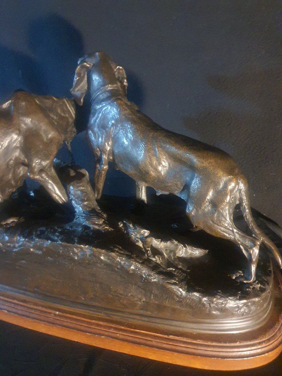 Sculpture Bronze Chiens De Chasse Pierre Jules Mêne.-photo-5