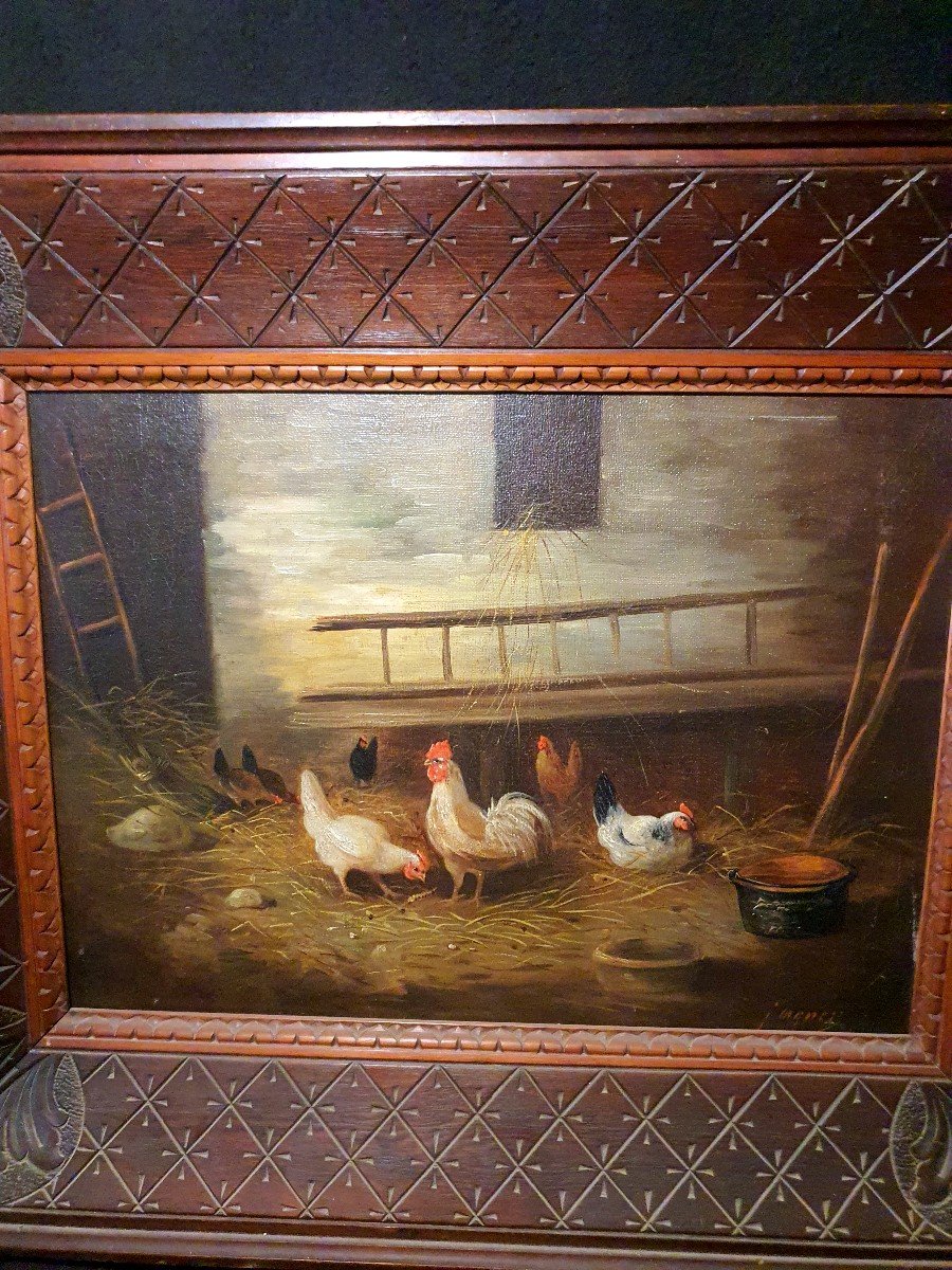 Tableau Basse Cour ,poules, XIX Siècle  Charles Jacques.-photo-4