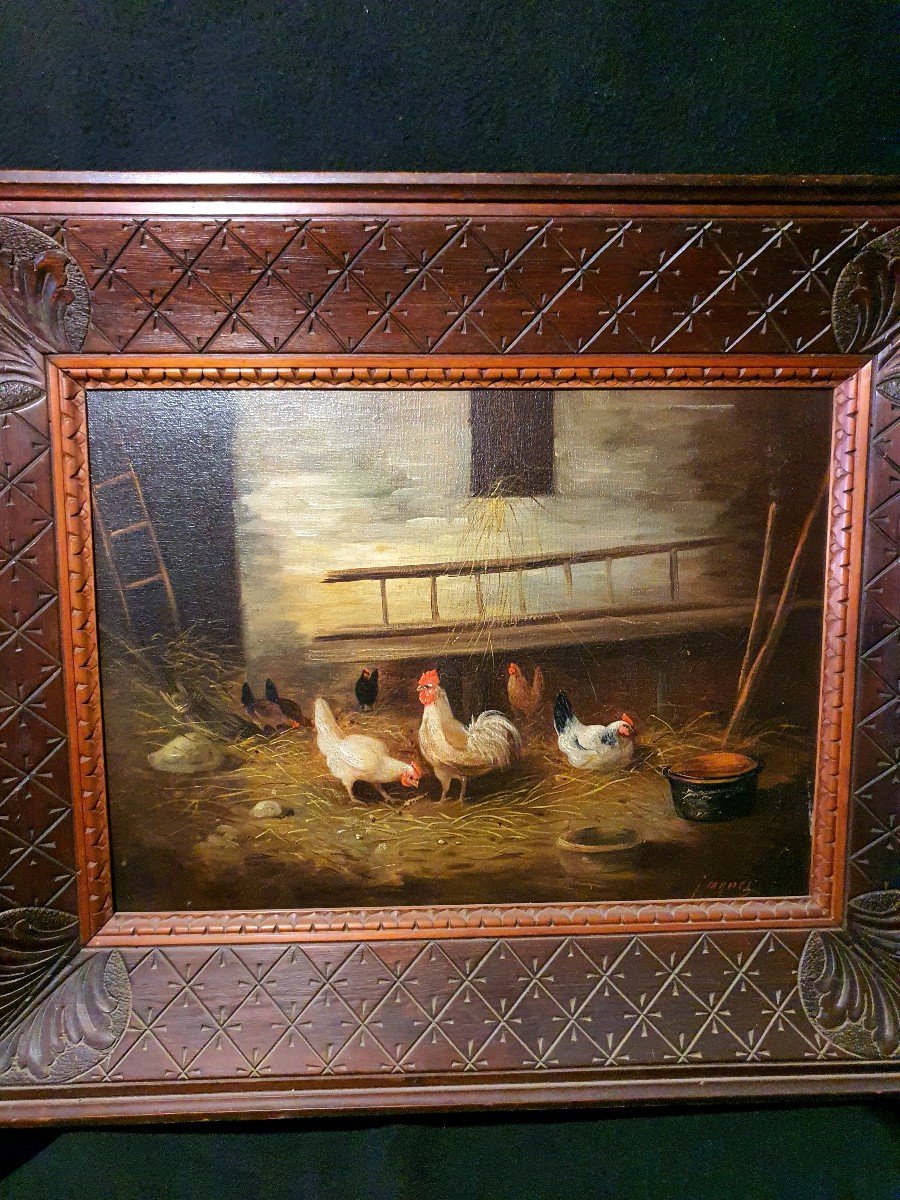 Tableau Basse Cour ,poules, XIX Siècle  Charles Jacques.