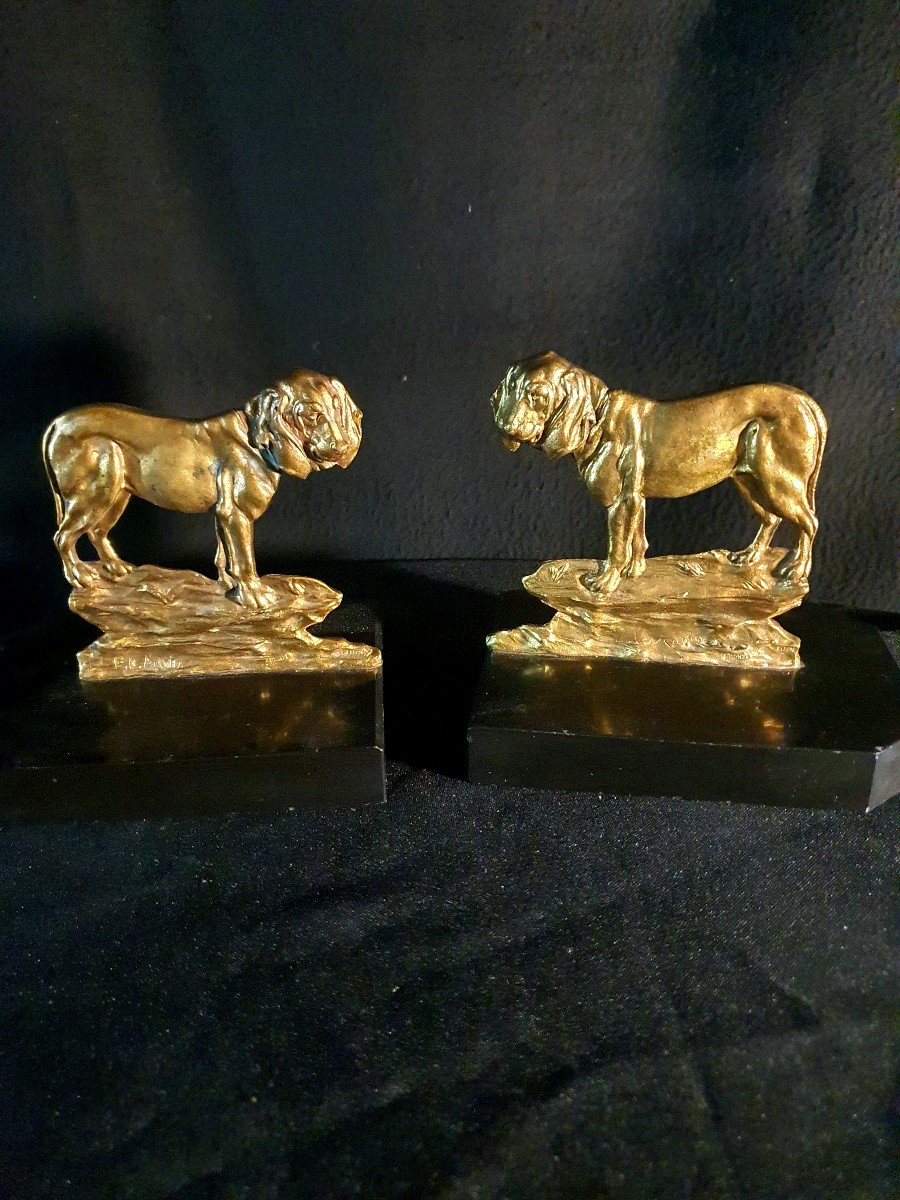 Serres Livres Paire De Chiens Dogues Bronze Doré, Art Déco -photo-2