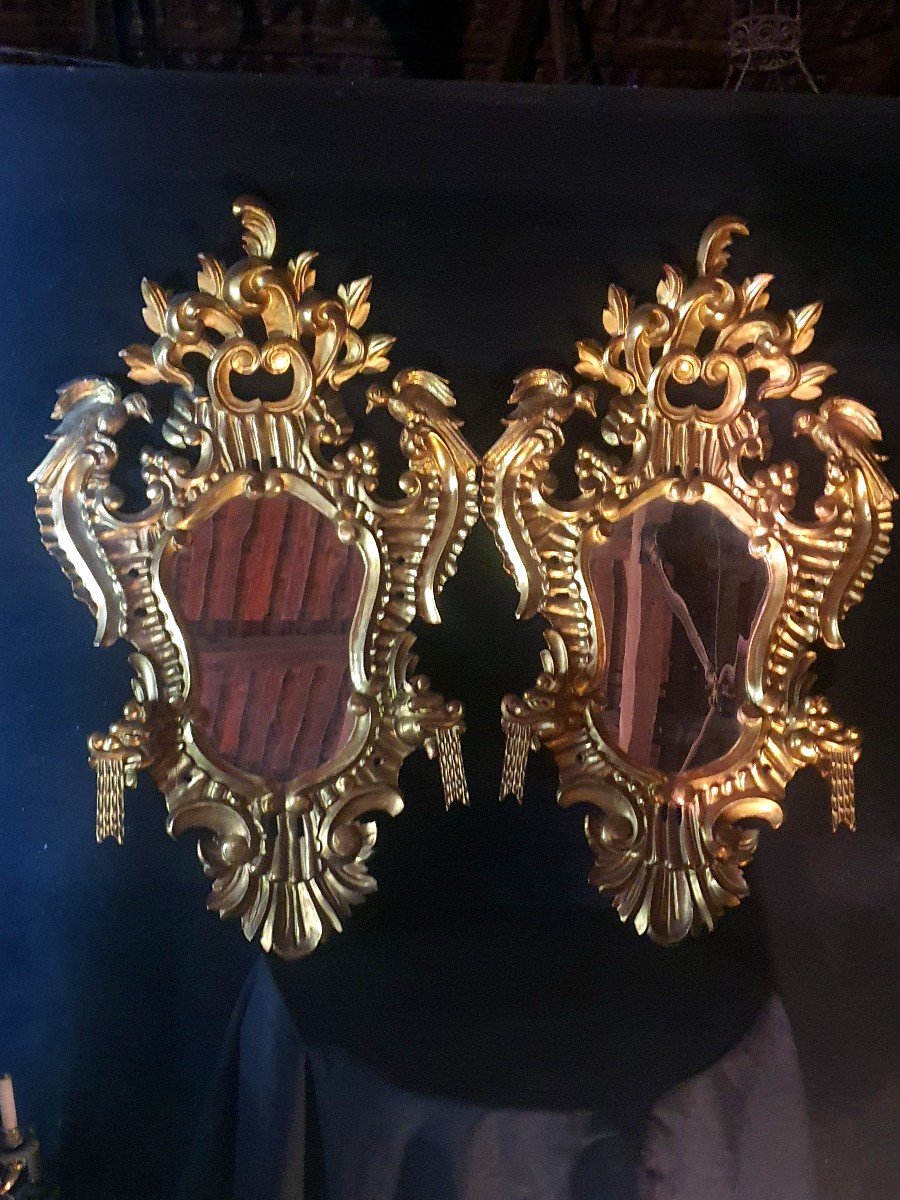 Paire De Miroirs Louis XV, Baroques Bois Doré Italie, Provence XVIII Siècle. -photo-3