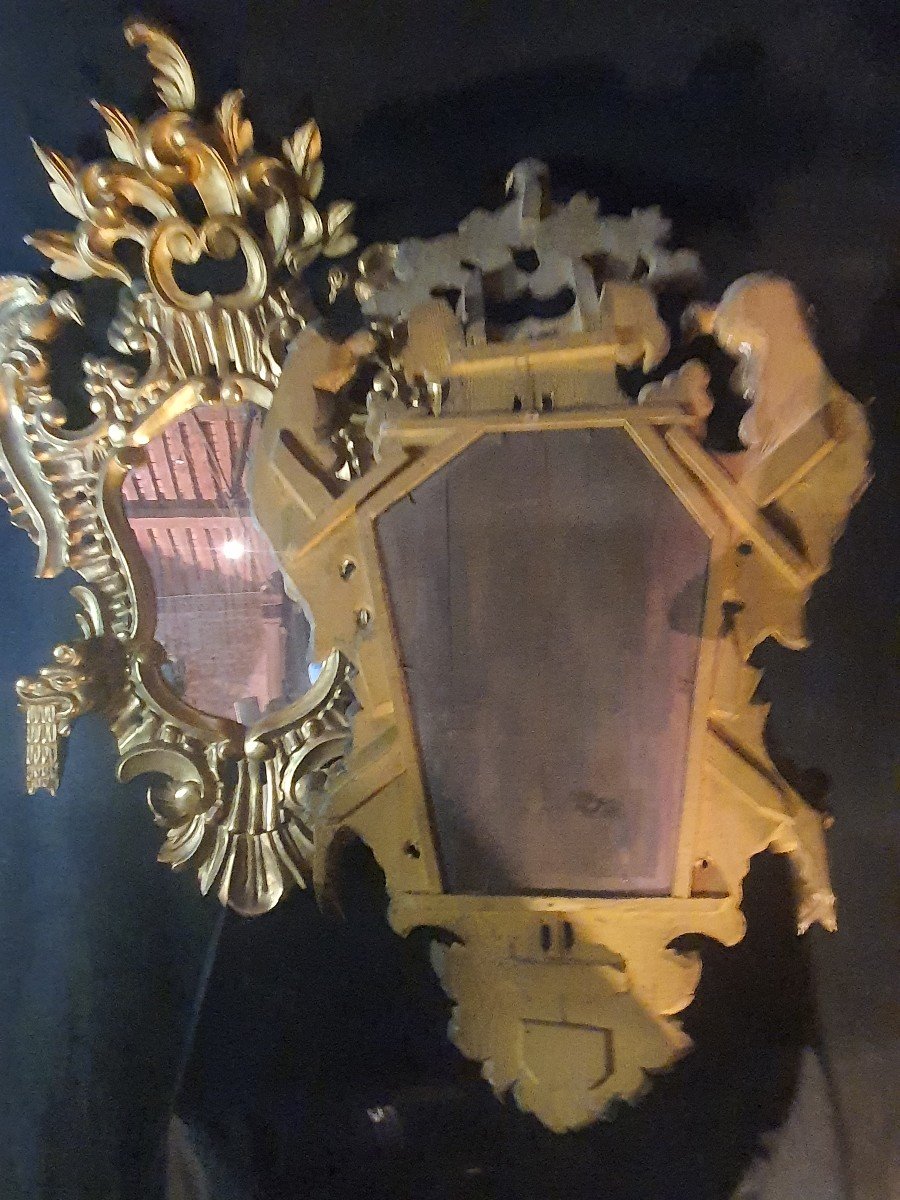 Paire De Miroirs Louis XV, Baroques Bois Doré Italie, Provence XVIII Siècle. -photo-4
