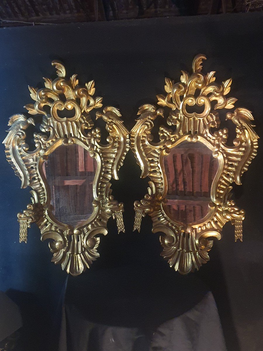 Paire De Miroirs Louis XV, Baroques Bois Doré Italie, Provence XVIII Siècle. 