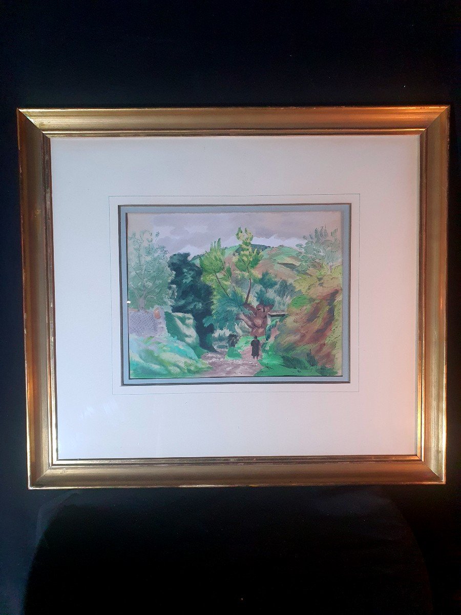Tableau Art Déco Aquarelle Vergé Sarrat ,vue Du Midi Collioure -photo-3