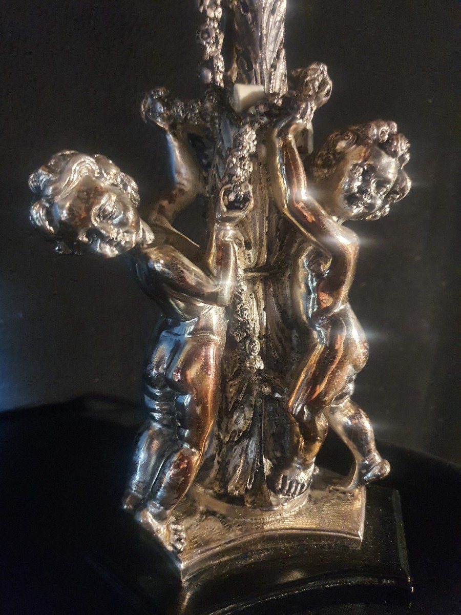 Paire De Lampes Chérubins Anges Argentés.-photo-1