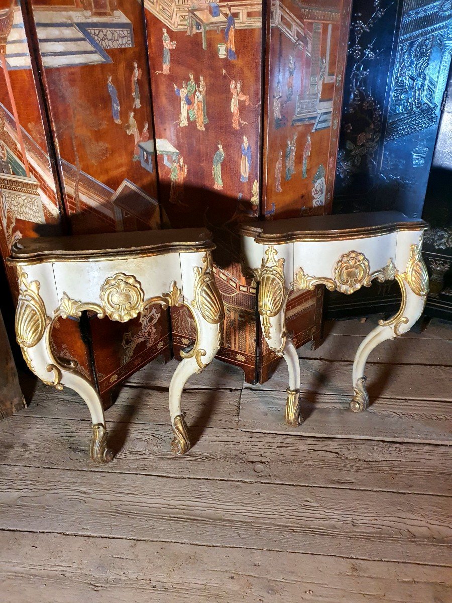 Pair Of Louis XV Baroque Painted And Gilded Consoles. -photo-2