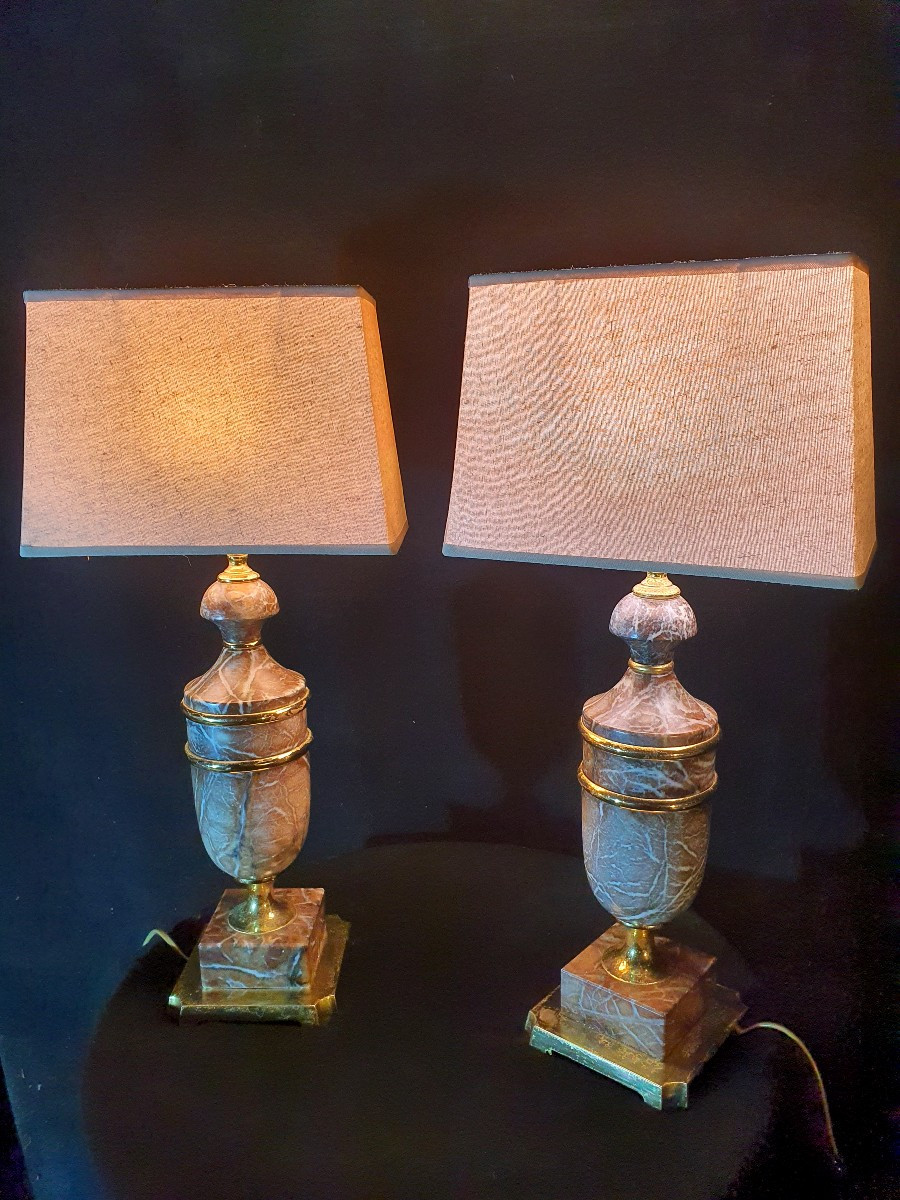 Paire De Lampes Vintage Marbre Et Bronze Doré. -photo-2