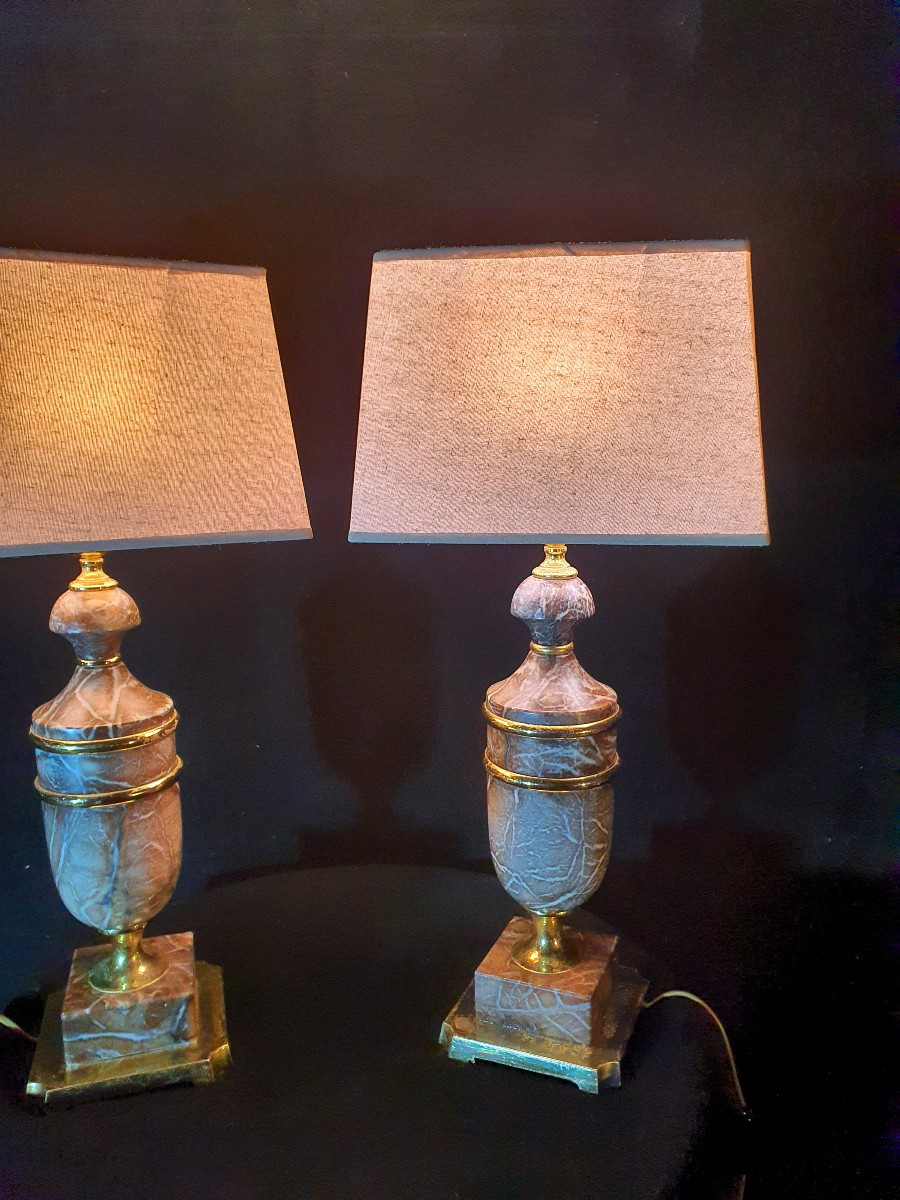 Paire De Lampes Vintage Marbre Et Bronze Doré. -photo-2