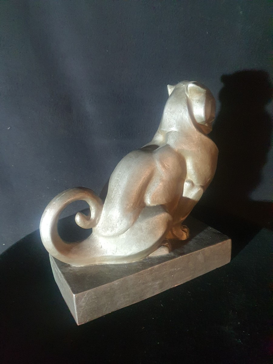 Sculpture Terre Cuite Art Déco, Chat, Thomas Cartier.-photo-1