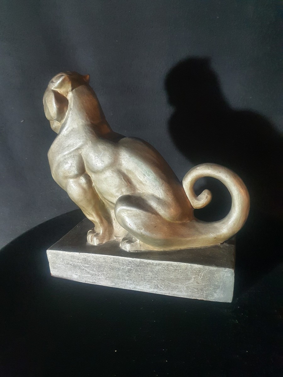 Sculpture Terre Cuite Art Déco, Chat, Thomas Cartier.-photo-2