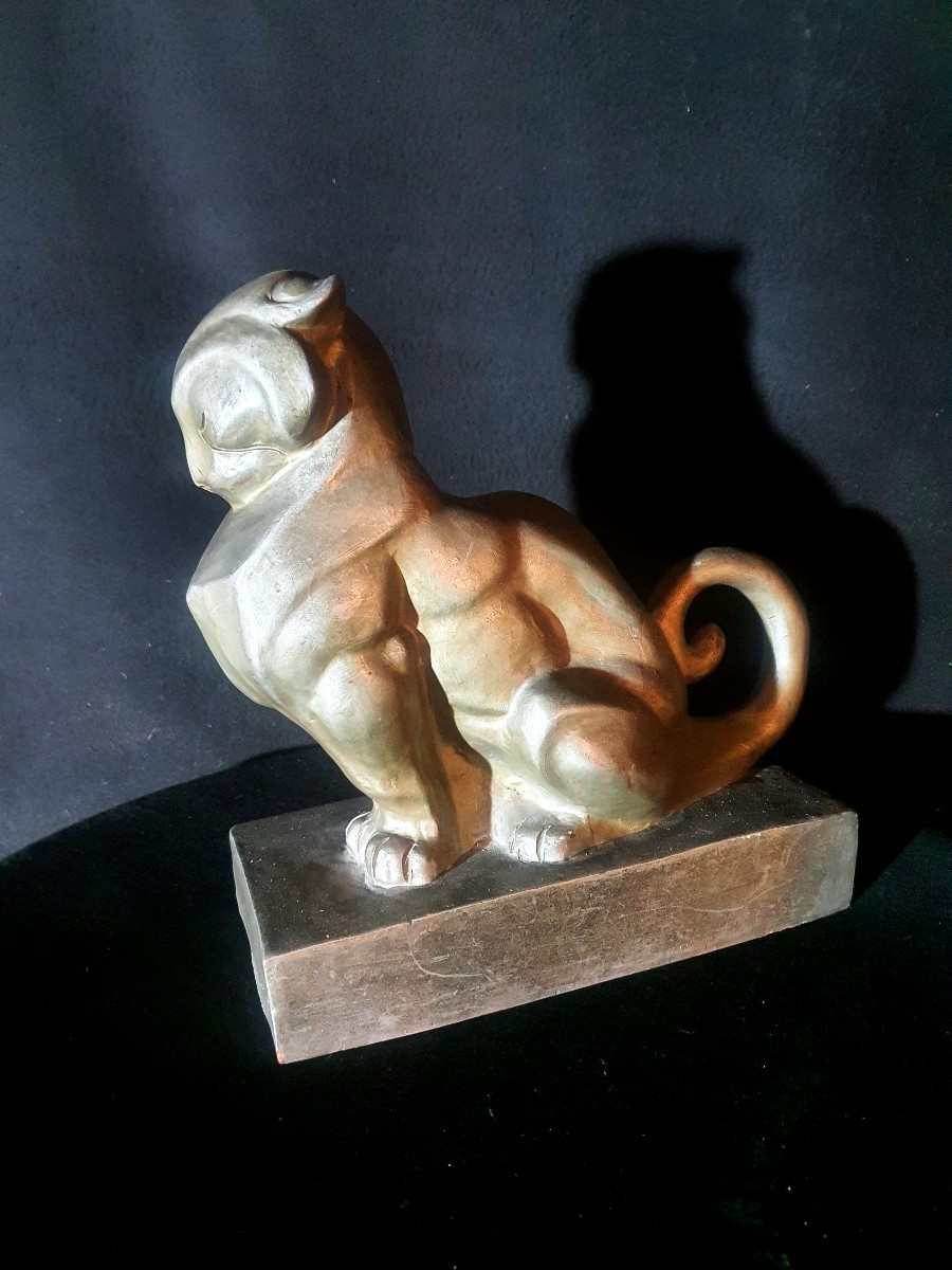 Sculpture Terre Cuite Art Déco, Chat, Thomas Cartier.