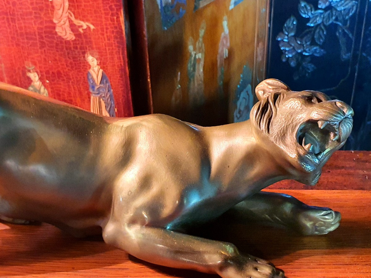 Art Deco Panther Gilt Bronze Sculpture. -photo-4