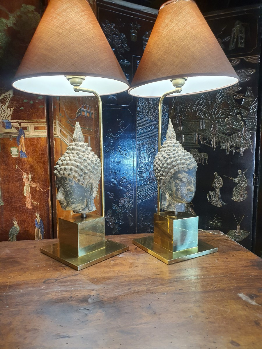 Pair Of Bronze Buddha Lamps From Maison Jansen. -photo-3