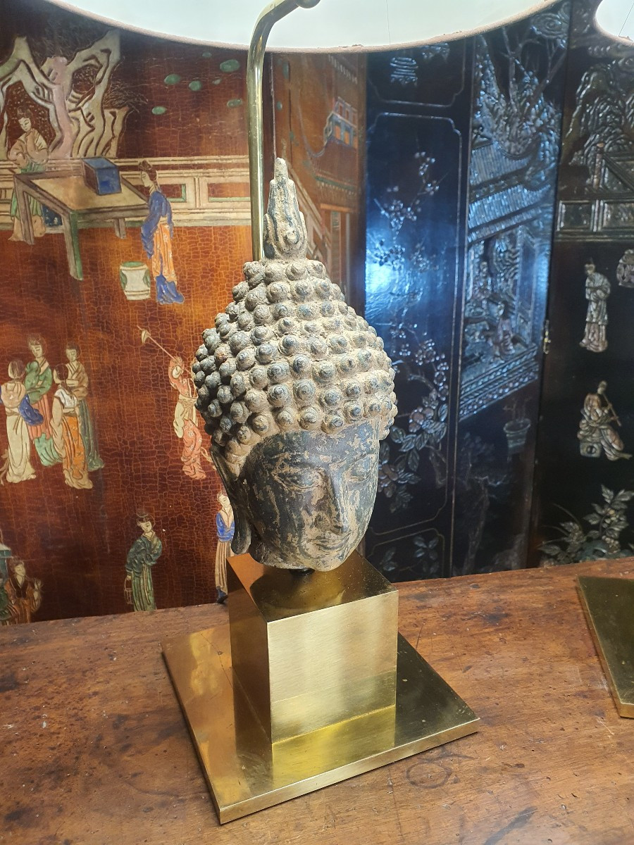 Pair Of Bronze Buddha Lamps From Maison Jansen. -photo-4