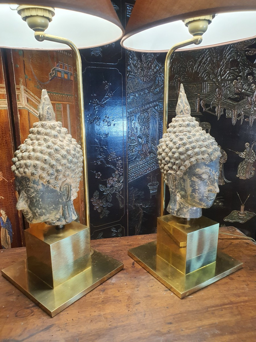 Pair Of Bronze Buddha Lamps From Maison Jansen. -photo-5