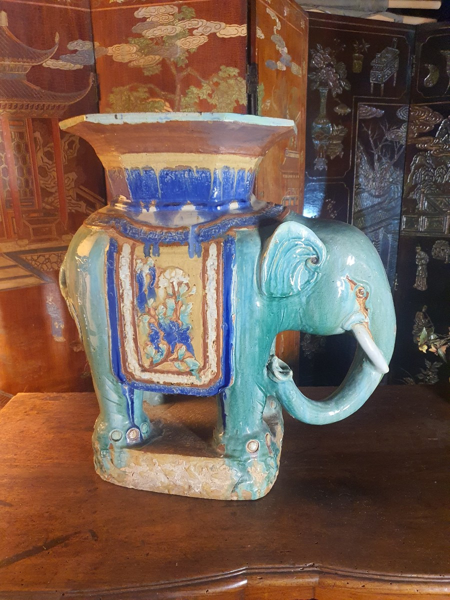 éléphant Céramique, Tabouret Sellette, Bien Hoa Vietnam. -photo-4