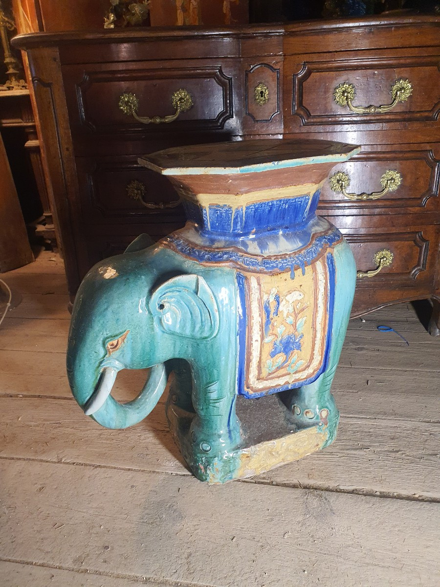 éléphant Céramique, Tabouret Sellette, Bien Hoa Vietnam. -photo-4