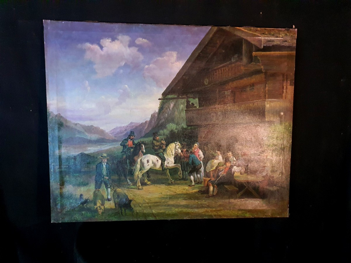 Painting, Hunting Scene, Mountain, Dutch Or Austrian-swiss School. 