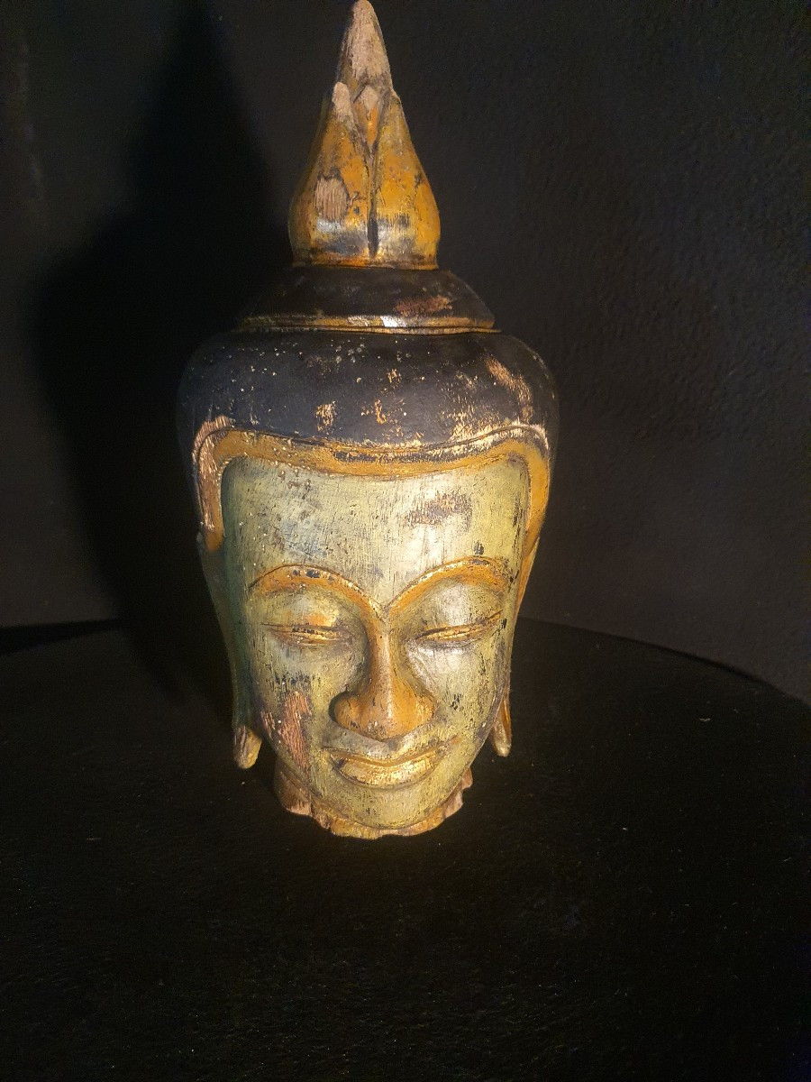 Carved Wooden Buddha Head, Thailand. -photo-1