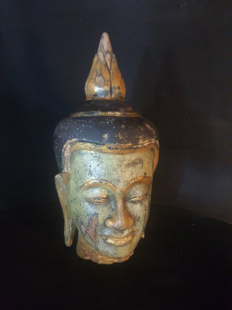Carved Wooden Buddha Head, Thailand. -photo-2