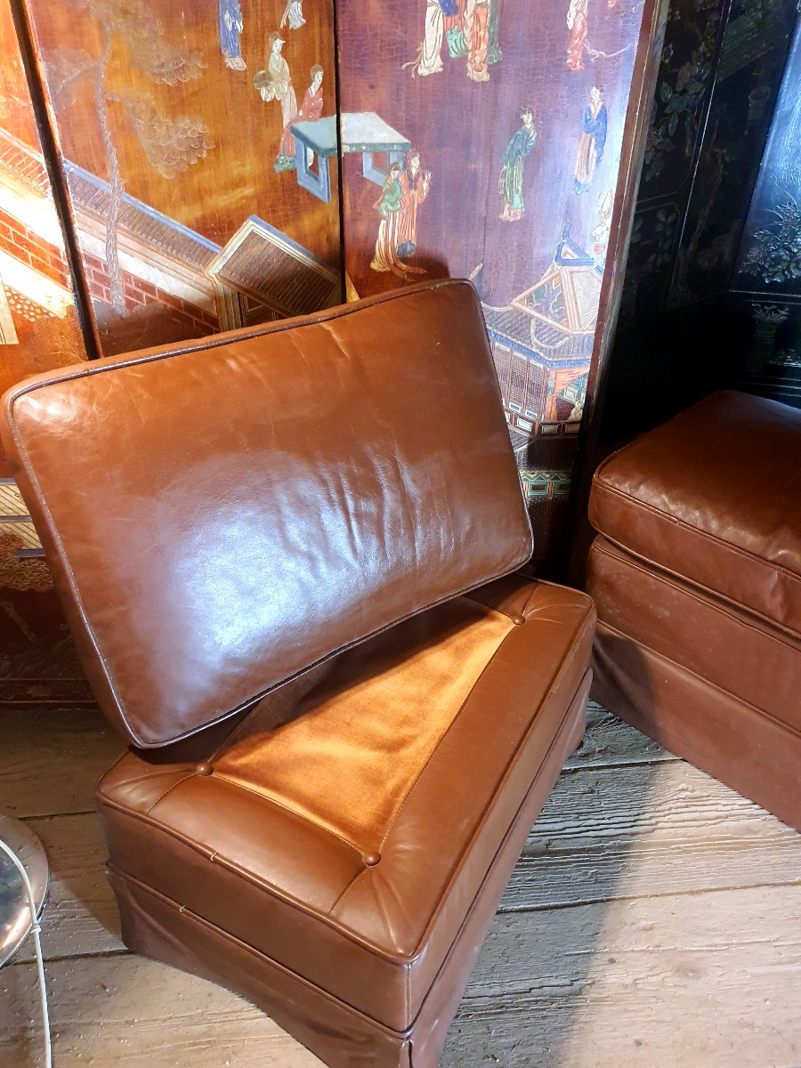 Paire de poufs cuir, vintage. -photo-2
