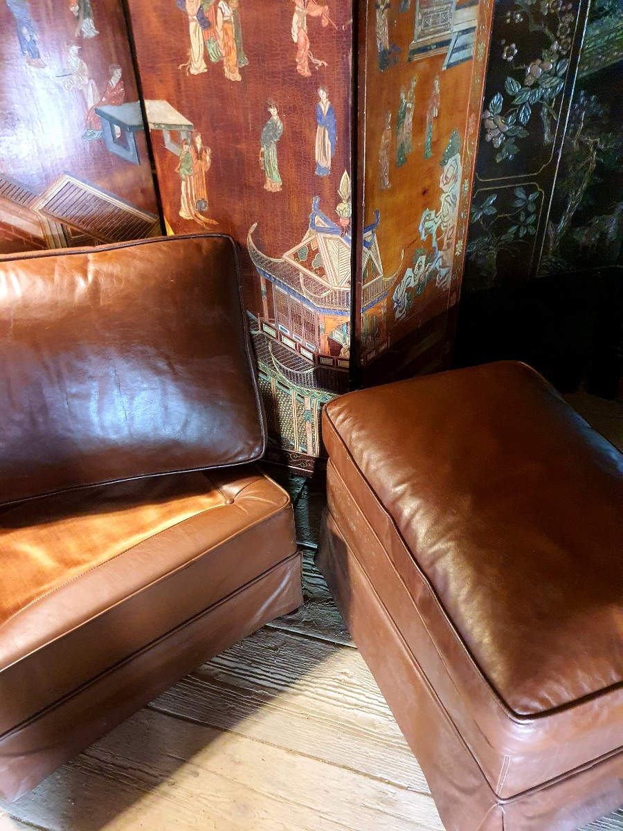 Paire de poufs cuir, vintage. -photo-3
