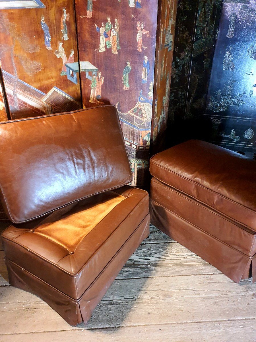 Paire de poufs cuir, vintage. -photo-1