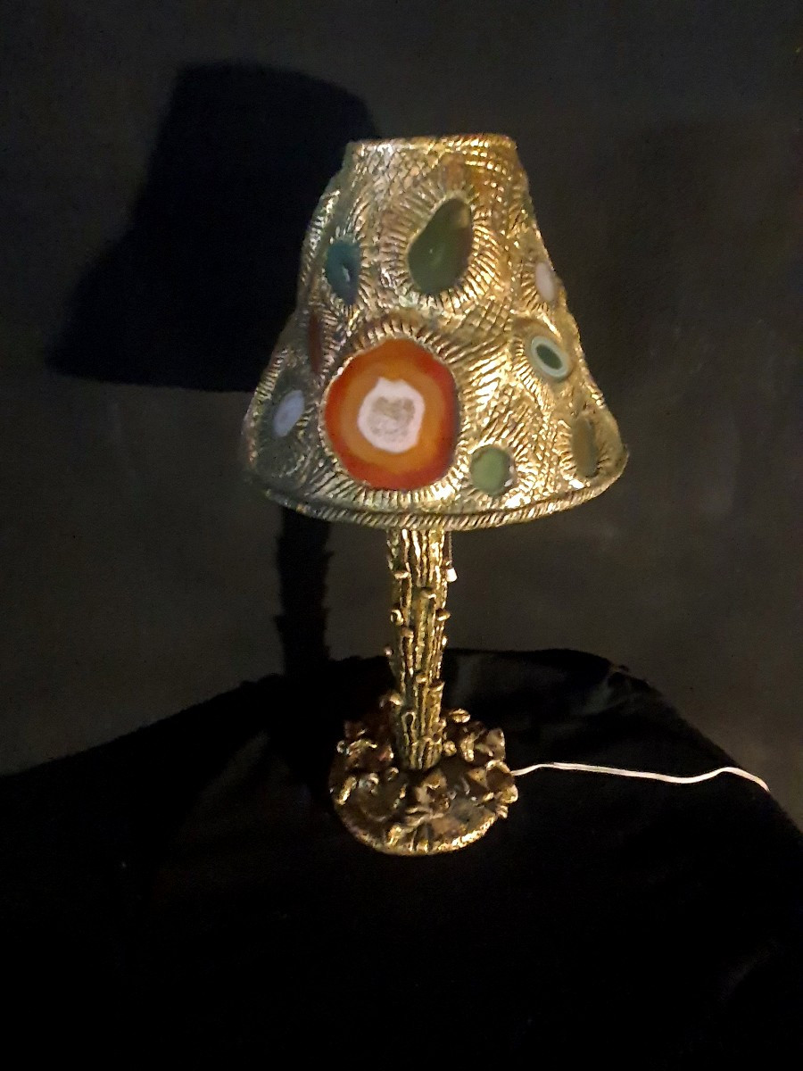 Vintage Brutalist Lamp With Agate Pieces. -photo-2