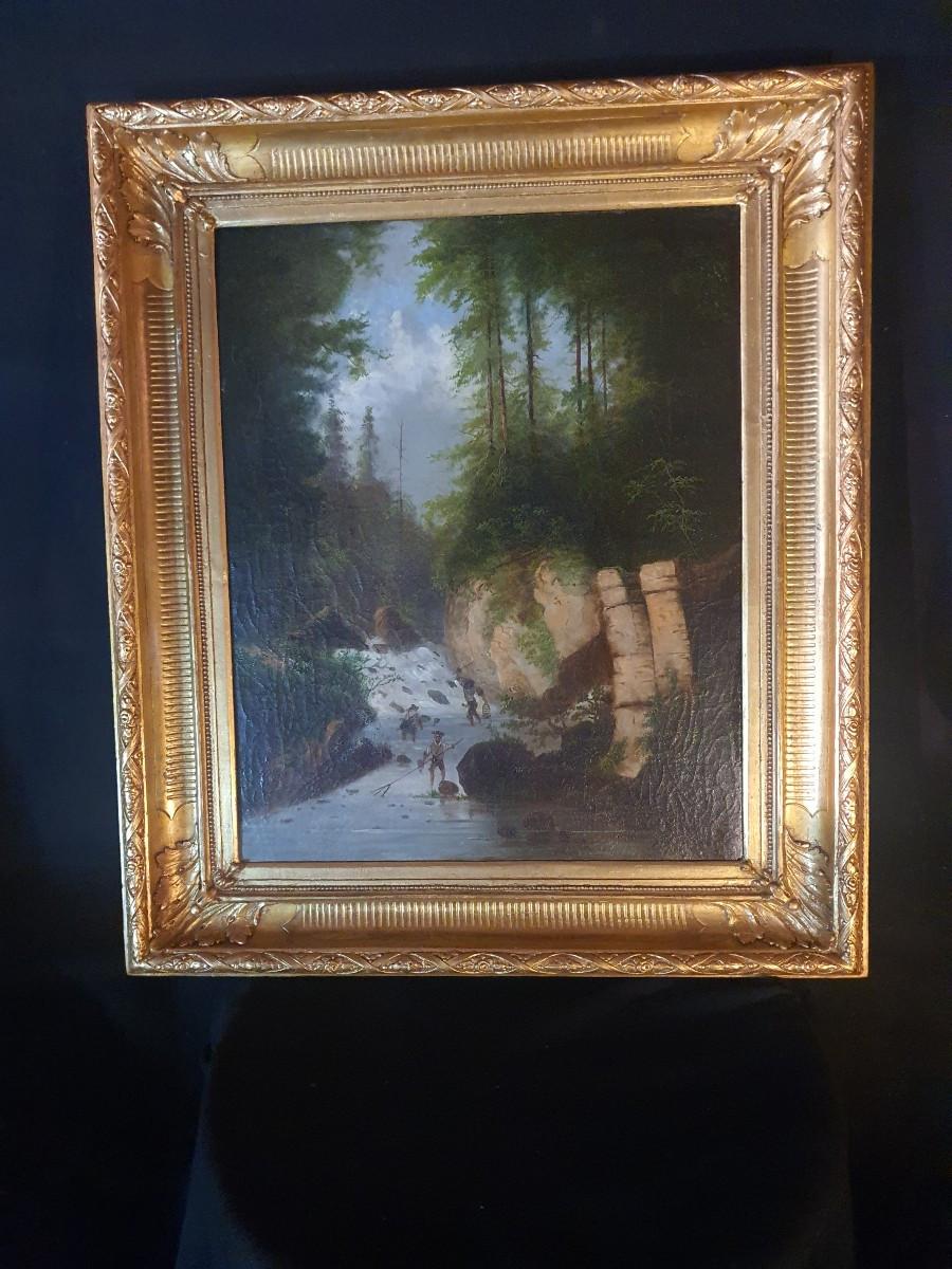 Tableau paysage montagne Ehrmann.Les pécheurs. 