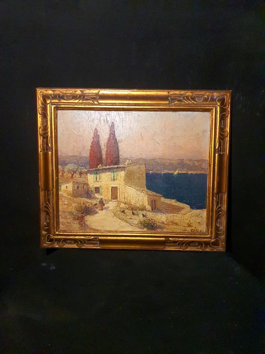 Tableau paysage Côte d Azur, art déco. 